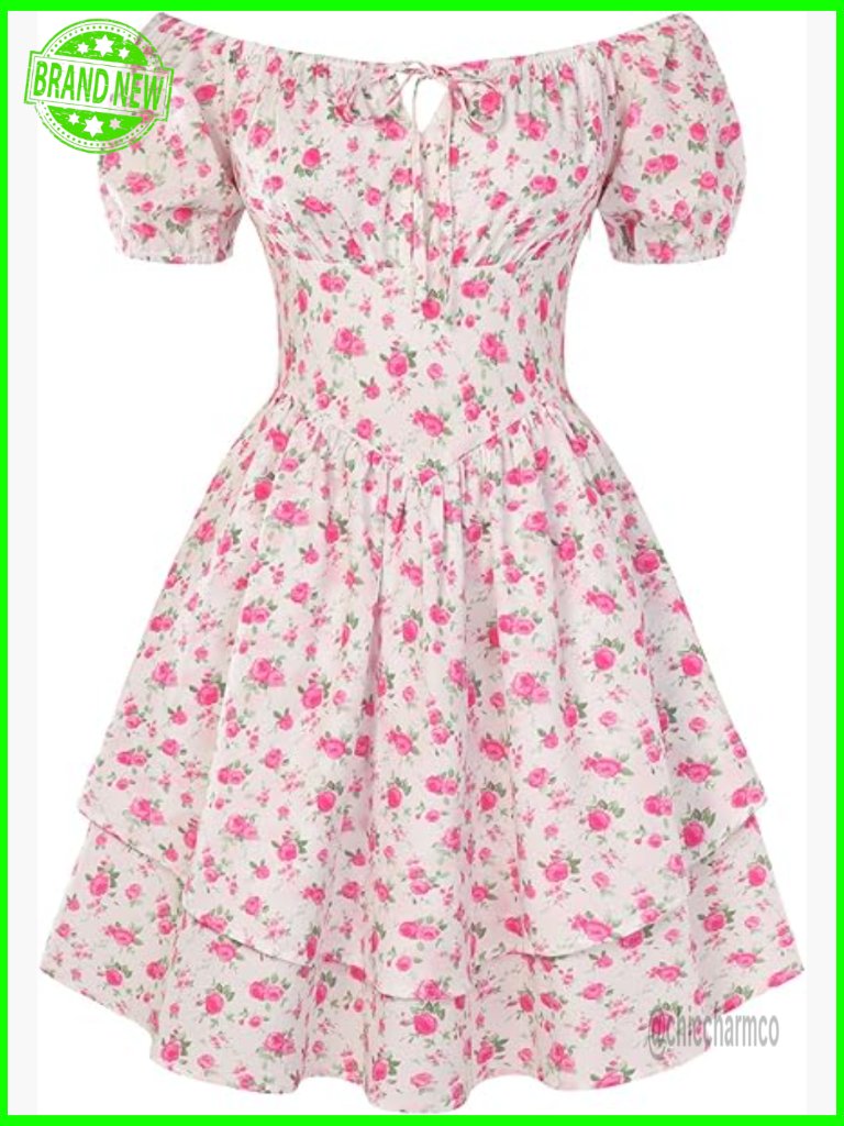Floral Corset Dress Square Neck Smocked Back A-Line Sundress Short Sleeve